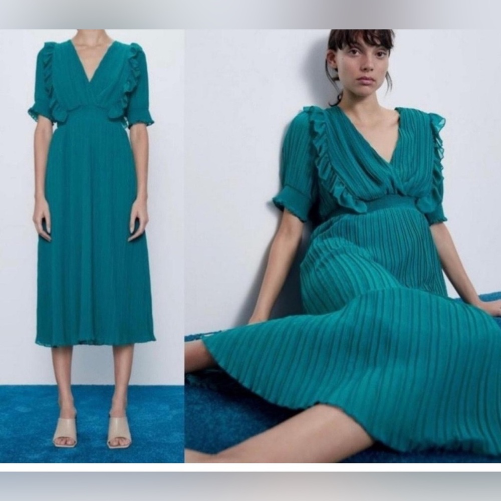 ZARA Teal Pleated Midi Dress with Ruffle Details – Size S